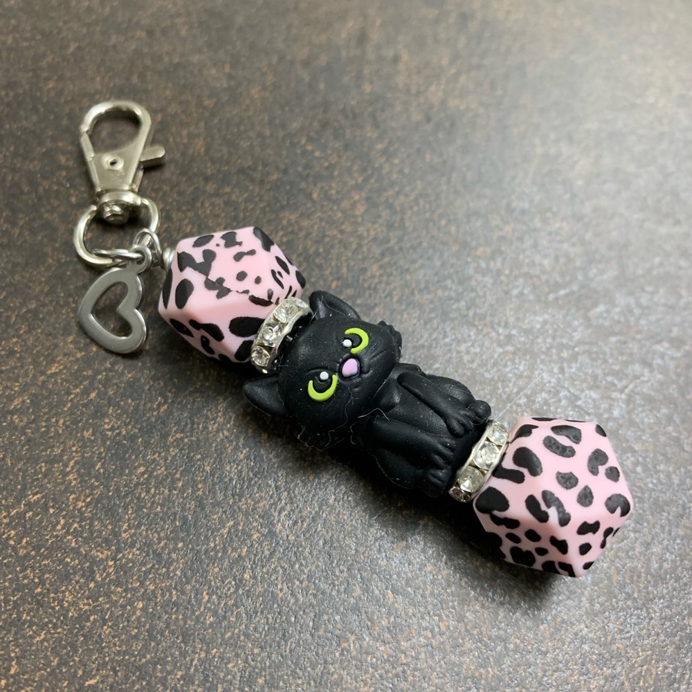 Charming Black and Pink Cat Keychain by